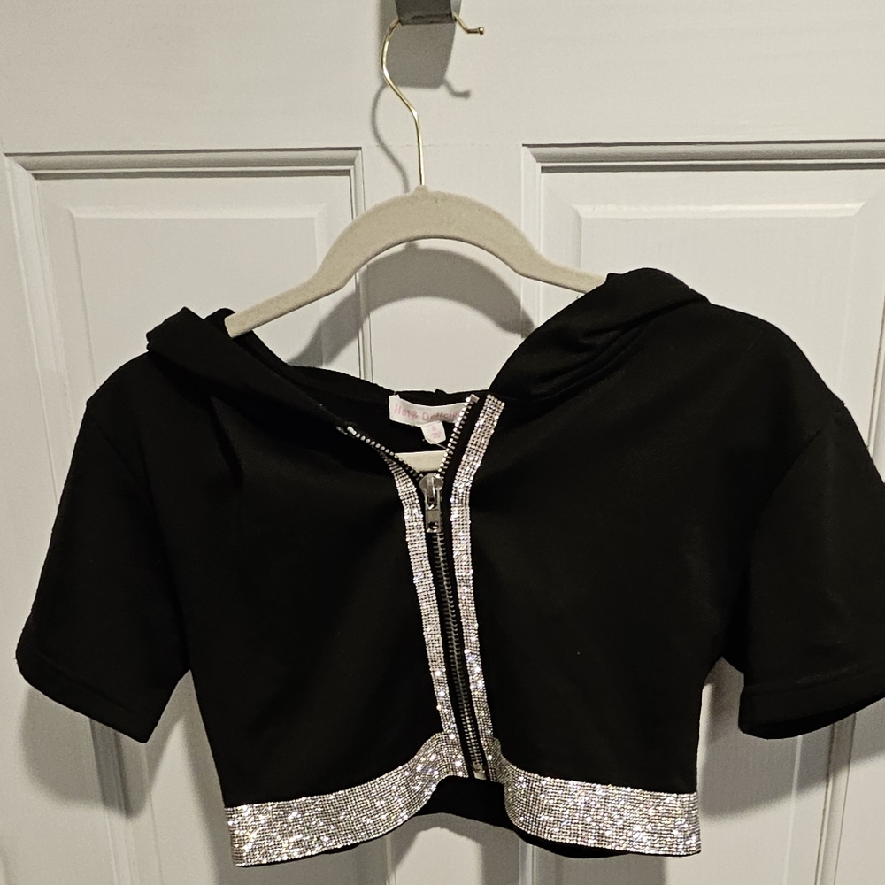 Hot and Delicious Hooded Crop Bling Zip-UP Size S